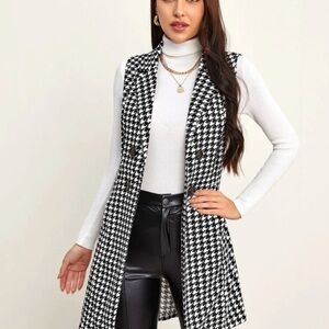 Black and White Houndstooth Long Vest